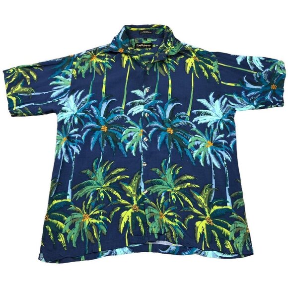 Caribbean Blues Tropical Palm Tree Hawaiian Shirt Adult Size Large - Picture 1 of 3